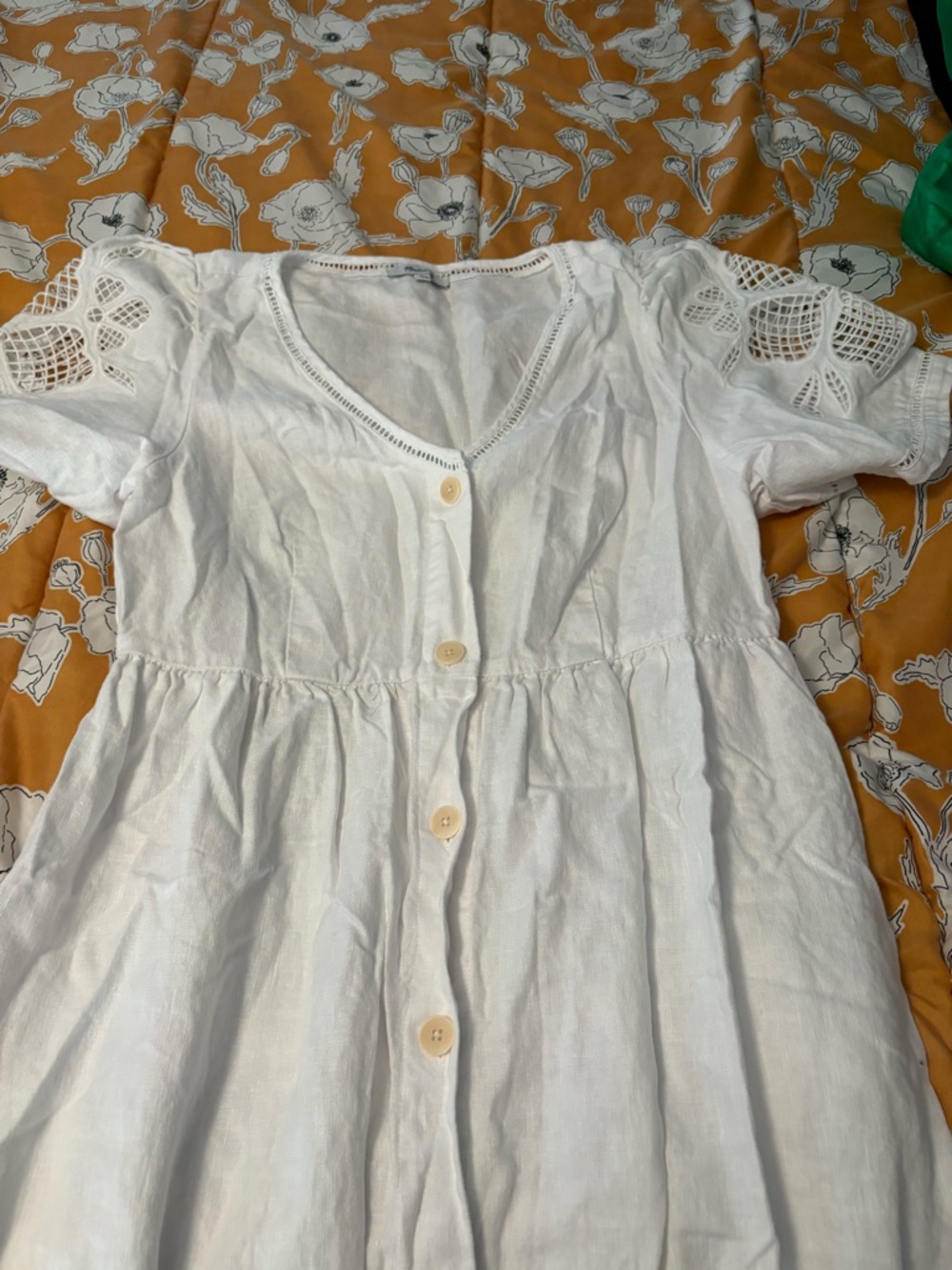 Madewell White Linen Top with Mustard Floral Trim